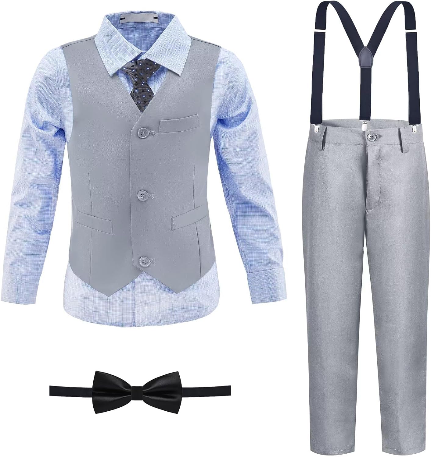 Boys’ Suit Kids Formal Tuxedo Suits for Boys Wedding Outfits Dress Vest Pants Suspenders Set Adjustable Waist