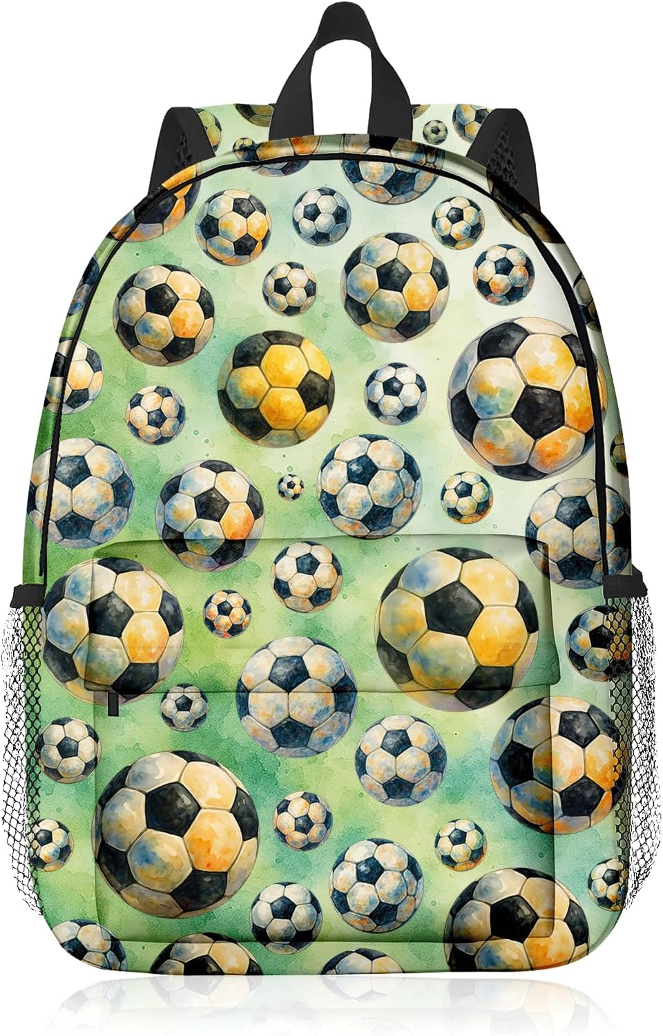 Soccer Backpack for Kids & Youth, 16 Inch Tennis-Themed School Bookbag, Lightweight Polyester Daypack with Front Zip Pocket, Side Bottle Pocket, Padded Adjustable Straps, Unisex