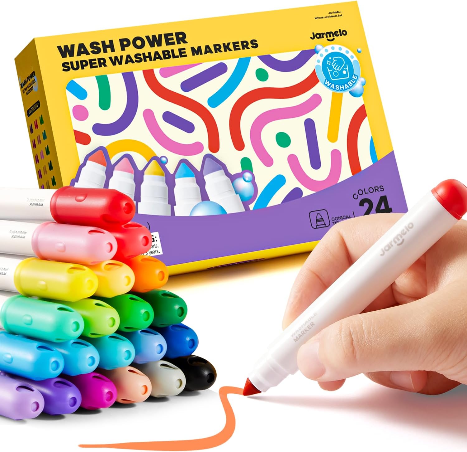 Jar Melo Washable Markers for Kids Toddlers 2-4, Safe Non-Toxic Water Based Markers for Age 1-3 4-8, Coloring Art Supplies for Preschool Gift, 24 Colors
