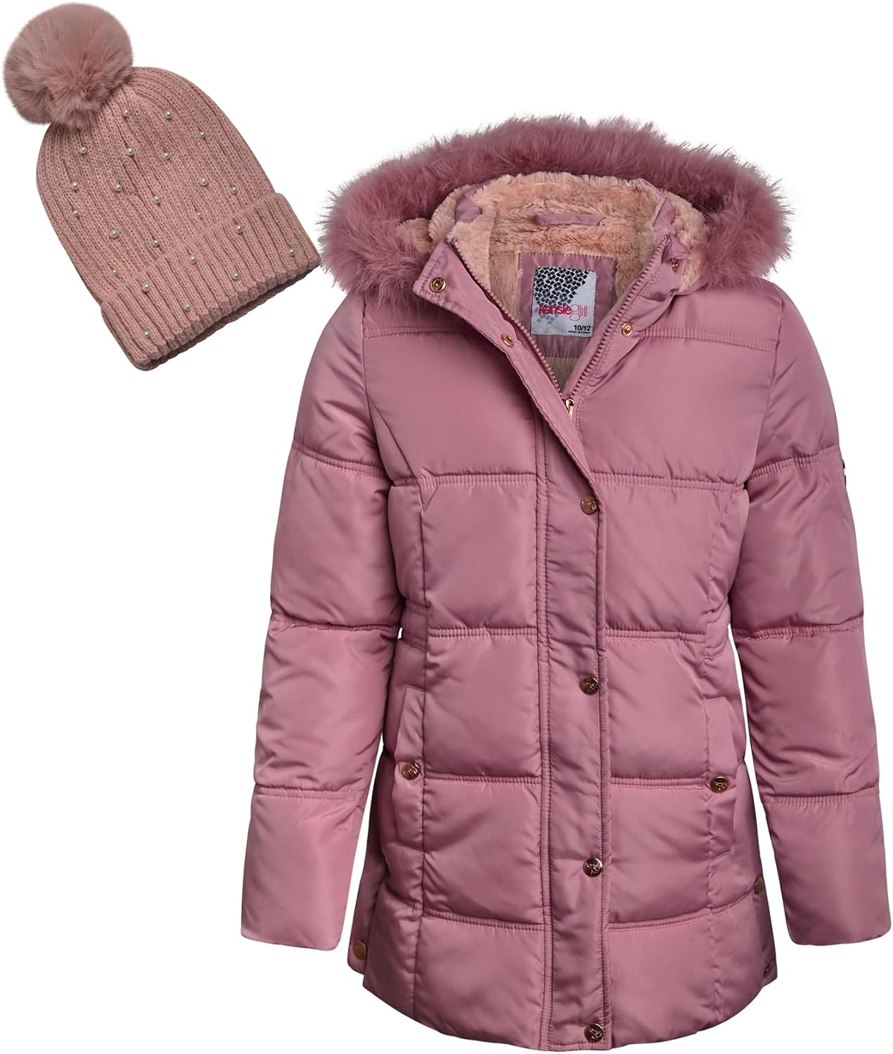 KENSIE GIRL Girls Puffer Jacket – Insulated Polar Fleece Puffer Winter Coats for Girls w/Fur Hood & Matching Snow Hat