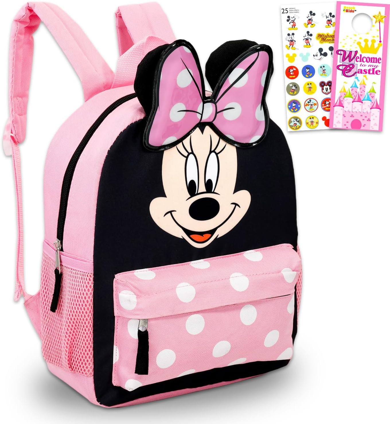 Disney Minnie Mouse Backpack for Girls Toddlers Kids – Bundle with 12″ Preschool Toddler Backpack with Ears, Bow, and Stickers (Minnie Mouse School Supplies)