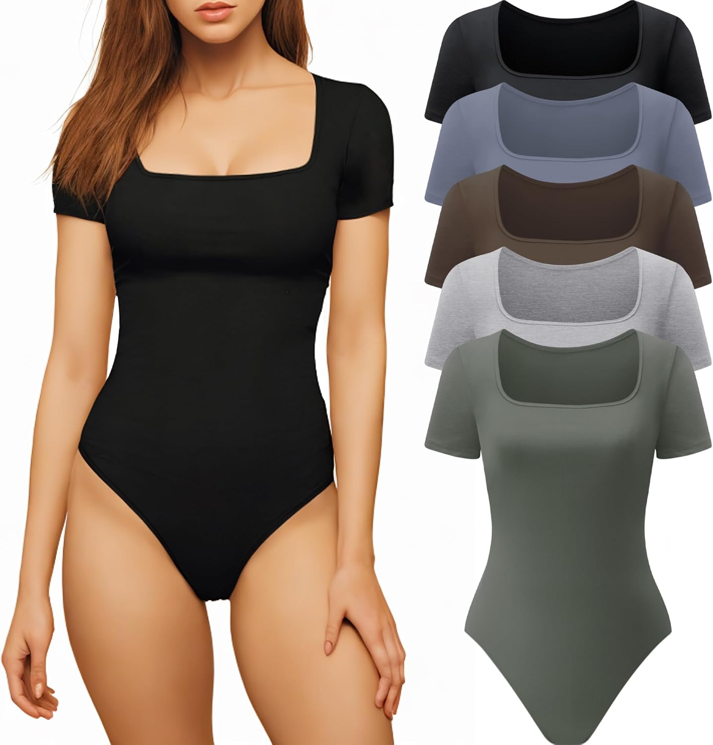 CE’ CERDR Women’s 5 Pack Short Sleeve Bodysuits Square Neck T-shirt Basic Casual Tops Body suit