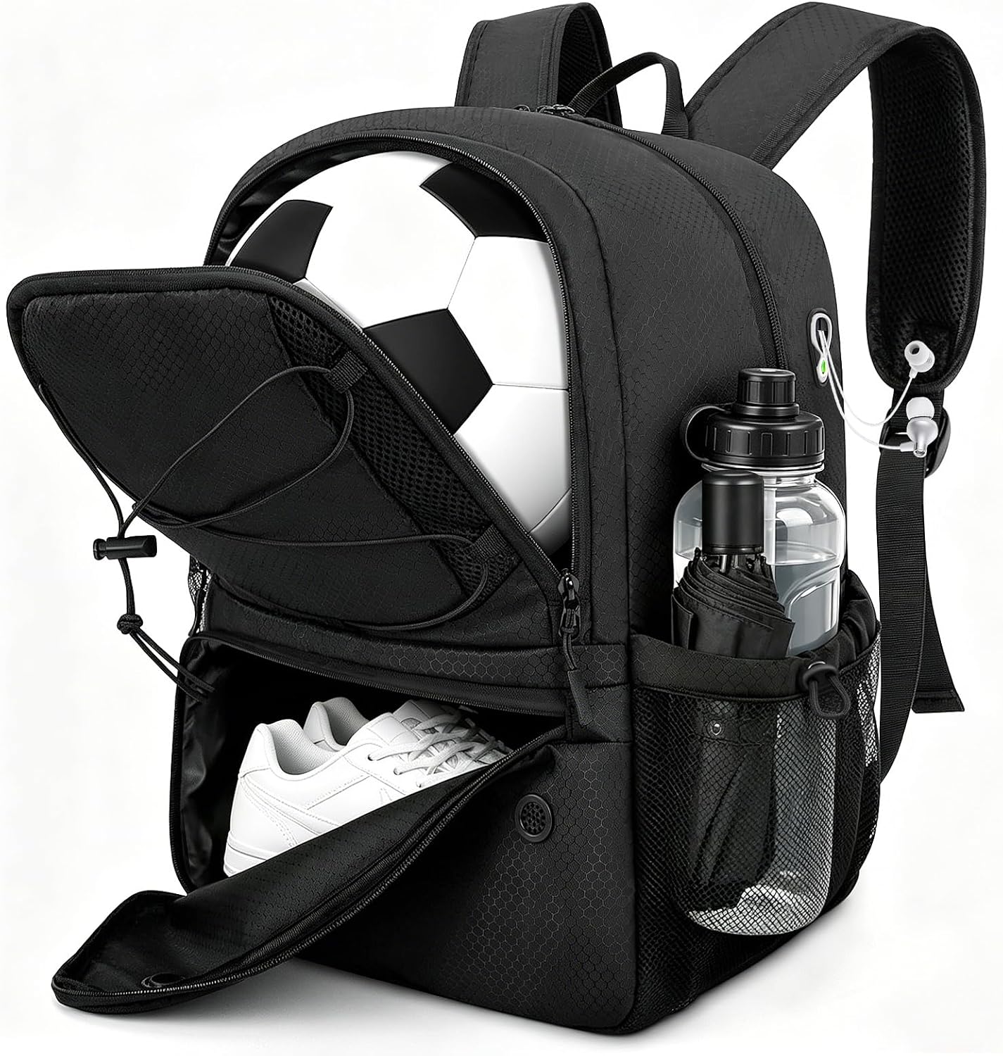 OCKLILY Soccer Backpack with Ball Compartment & Separate Cleat, 31L Water Resistant Soccer Bag for Boys & Men, Sports Equipment Backpack fits Basketball, Volleyball & Football, Black