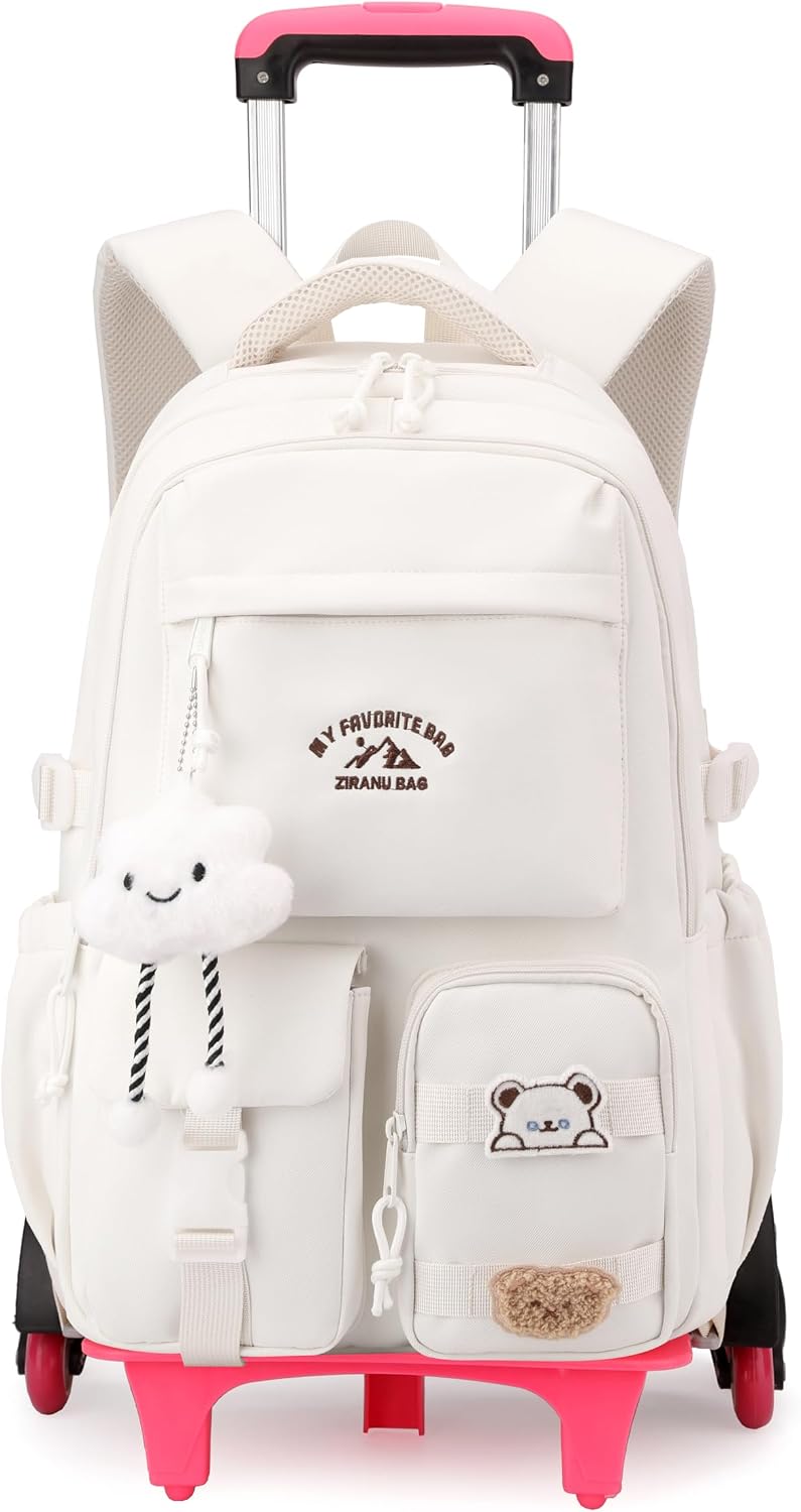 Girls Boys Rolling Backpack with Wheels, Girls Backpack with Wheels for School, Kids Carry-on Luggage Wheeled School Bag Roller Trolley Bookbag, White