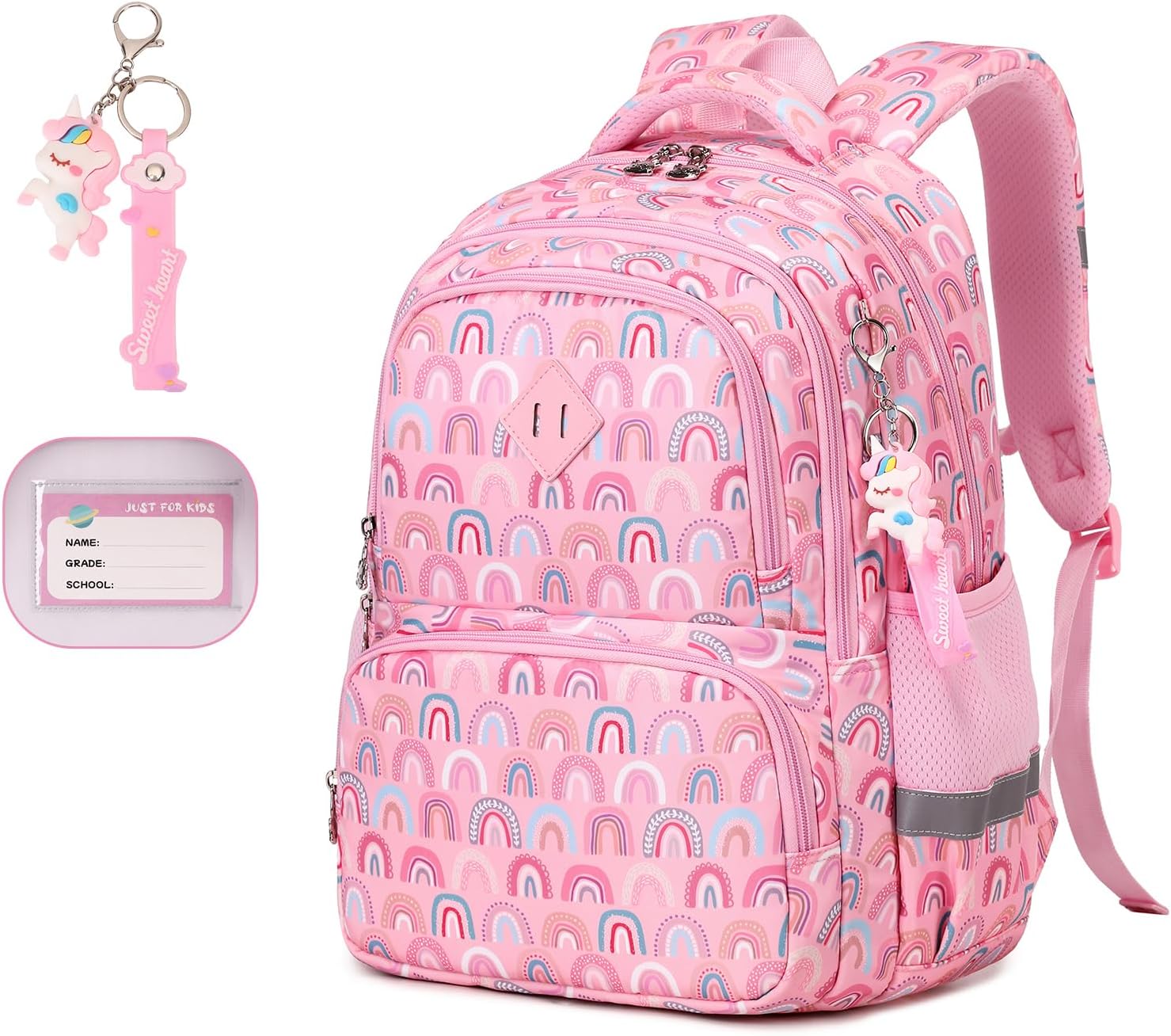 MUSEVOS Kids Backpack, Kawaii Printed Girls Bookbags for Preschool, Lightweight School Backpack for Primary and Elementary and Kindergarten, Waterproof Teen Backpacks, Pink/Rainbow