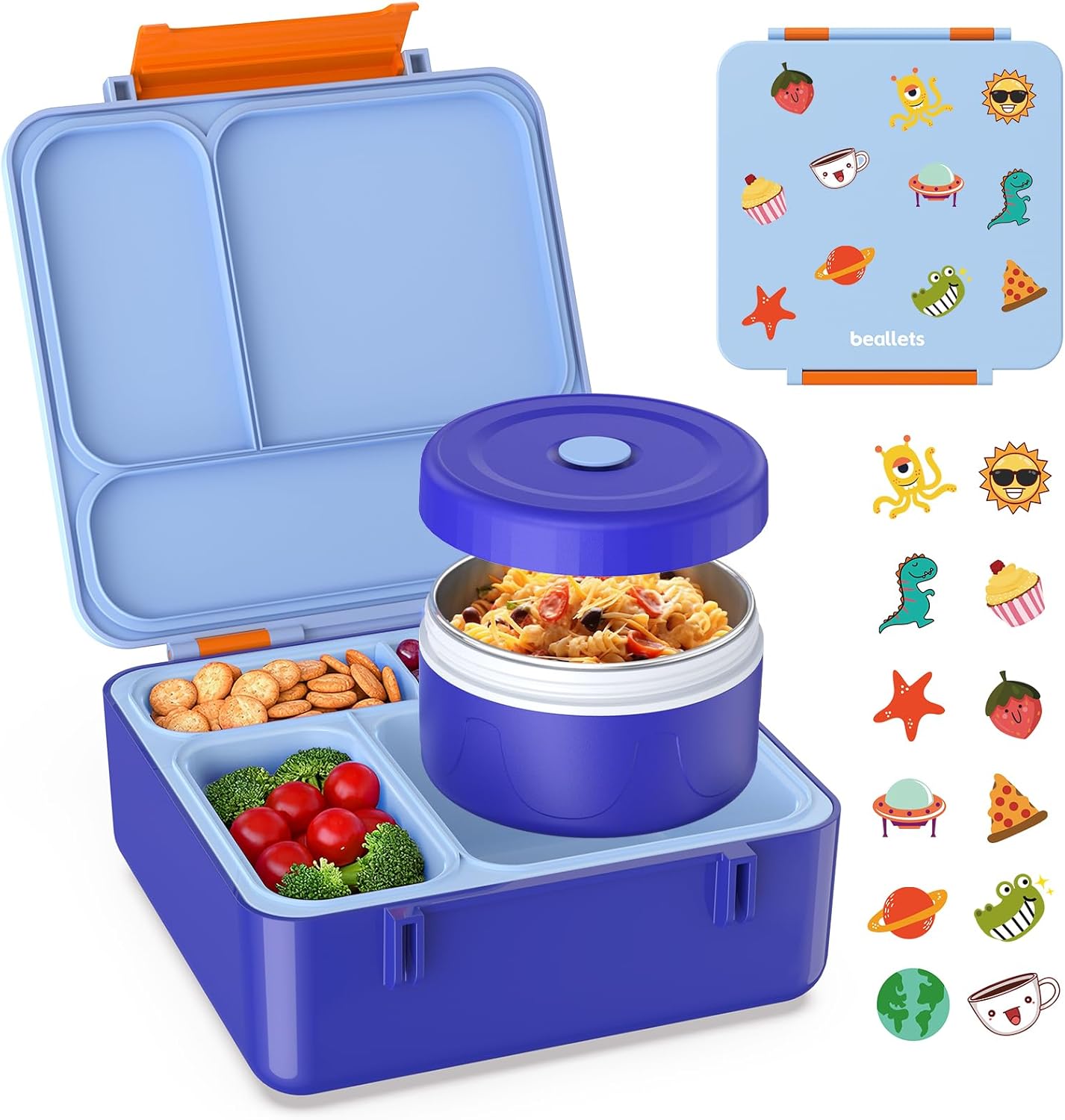 Bento Box for Kids, Lunch Box with Sticker and Leak-Proof Vacuum Food Jar, 4 Compartment BPA-Free Toddler Bento Box for School, Machine-Washable and Removable Compartments for Boy(Blue)