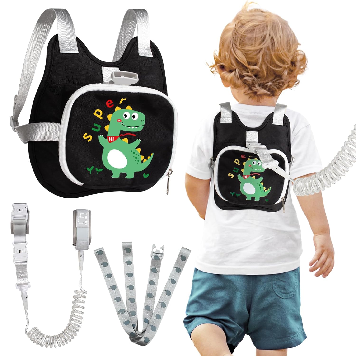 Toddler Harness Backpack Leash with Wrist Link | Cute Dinosaur Anti-Lost Walking Strap for Kids | Foldable & Adjustable Child Safety Belt for Boys & Girls(Black)