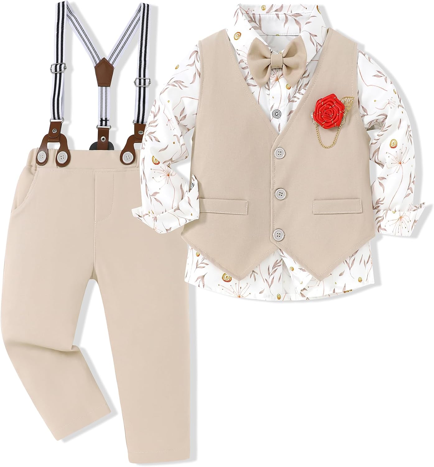 WESIDOM Toddler Boy Clothes Suit Formal Dress Shirt+Bowtie+Vest+Boutonniere+Suspender Pants Boys Gentleman Outfits Set