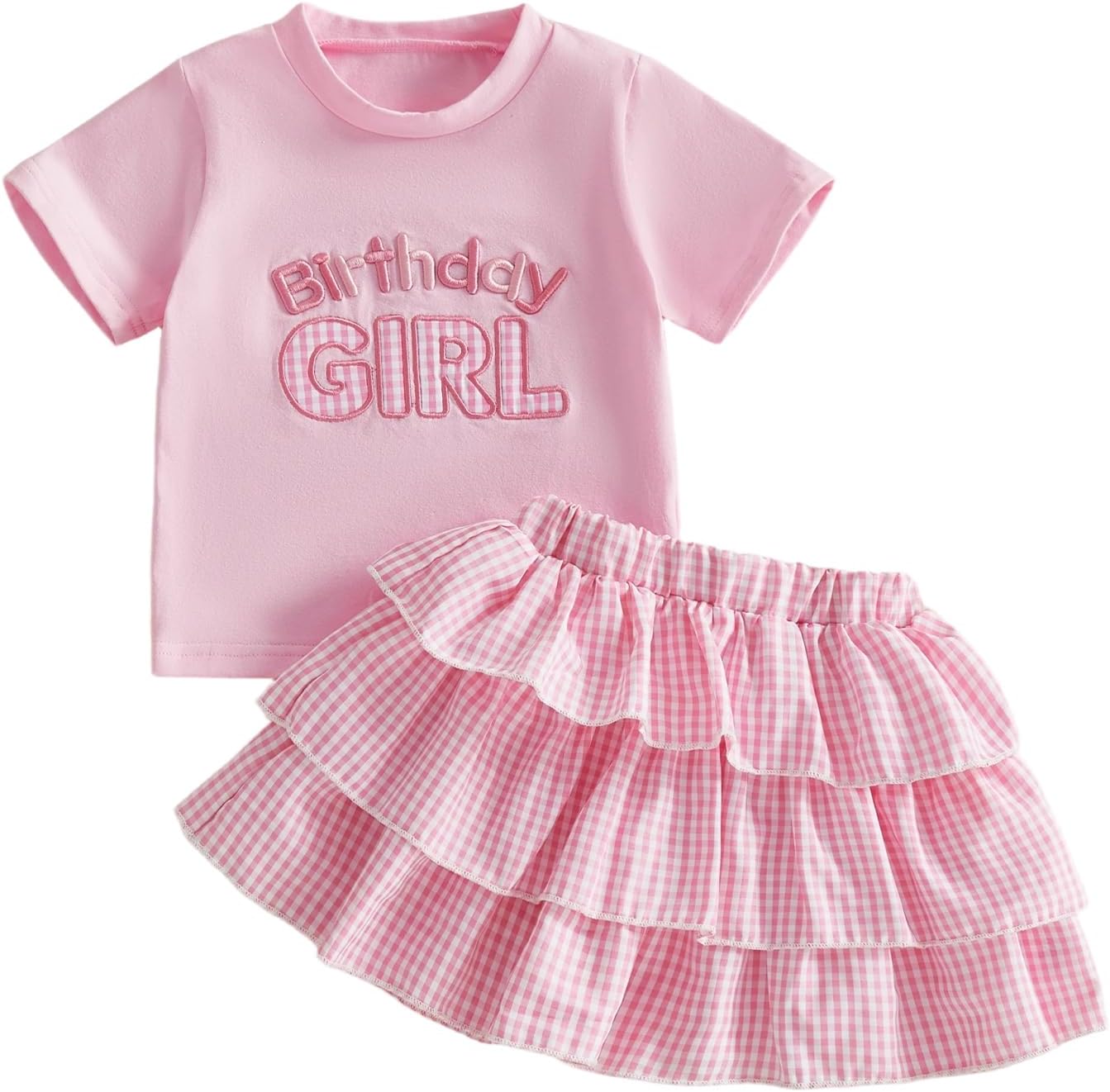 Birthday Girl Toddler Outfit Infant Baby Short Sleeve Letter Shirts and Ruffled Gingham Skirts Set 2Pcs Summer Clothes