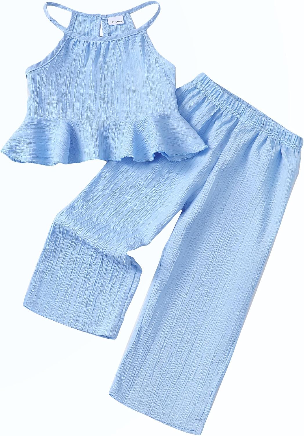 Kucnuzki Baby Girl Clothes Toddler Girl Summer Outfits Sleeveless Ruffle Halter Tops Wide Leg Pants Kids Clothing Set