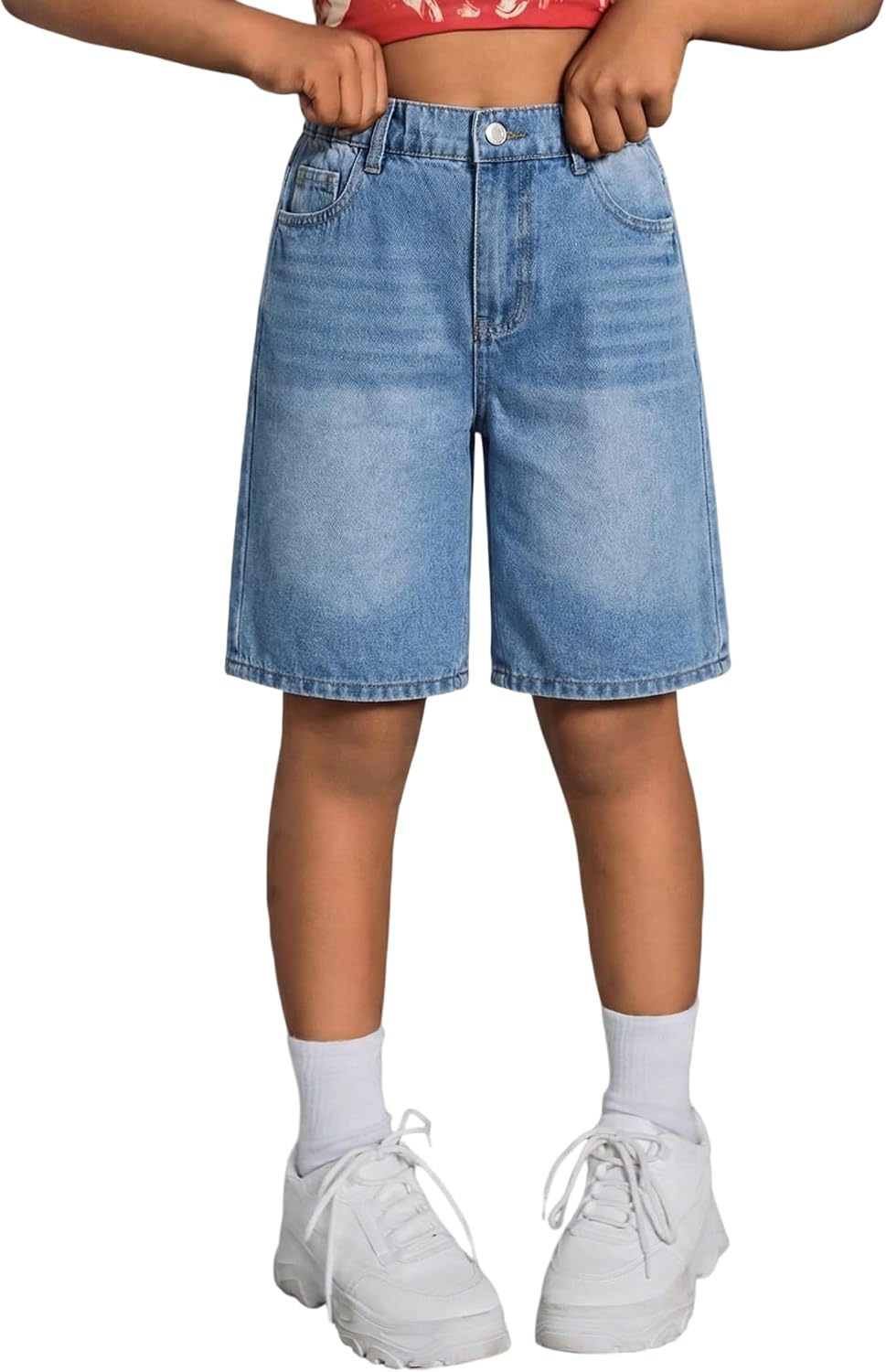 Girls Jean Shorts Baggy Wide Leg Washed Bermuda Denim Shorts Straight Leg Cute Summer Y2K Streetwear 7-14Y