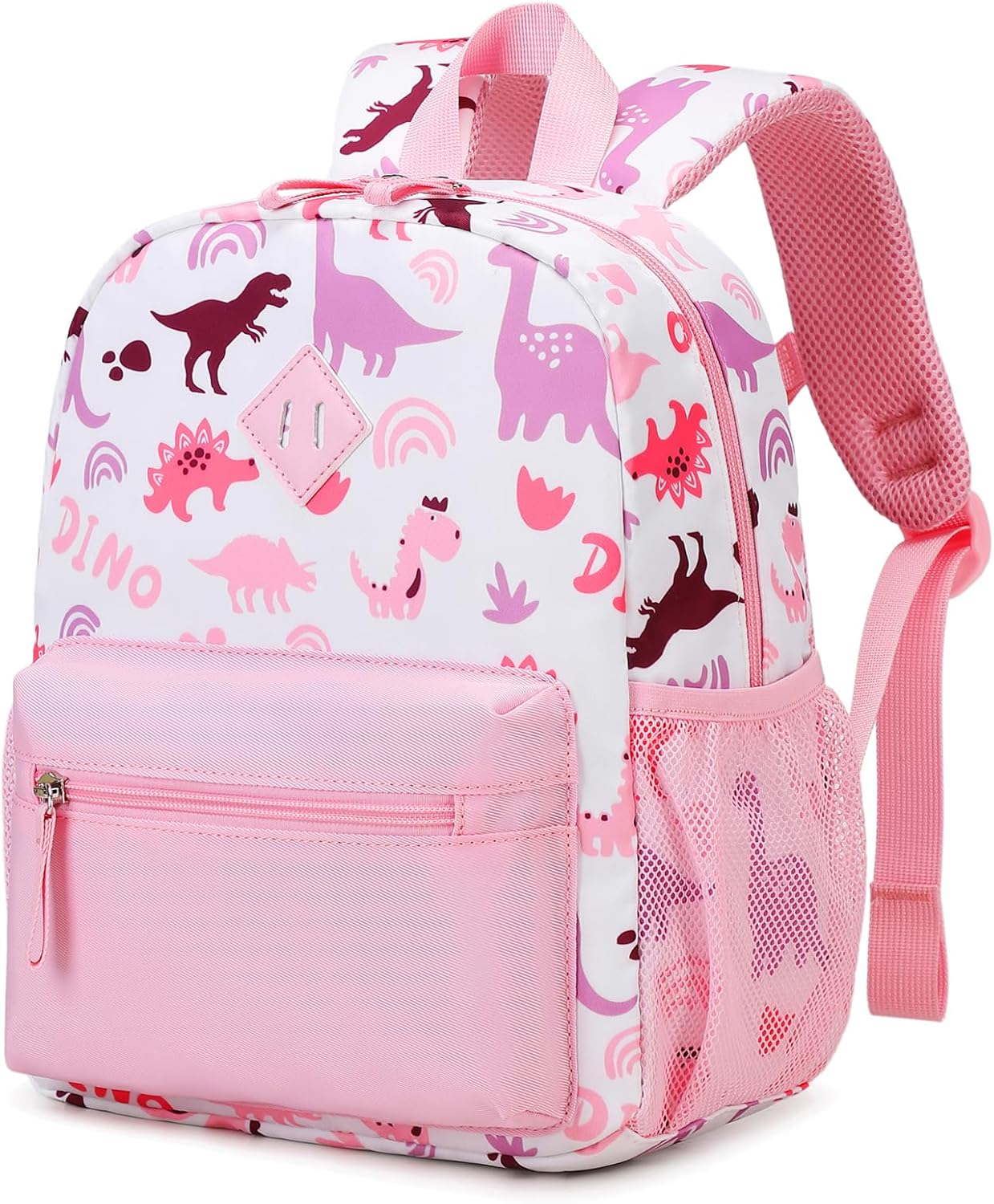 Toddler Backpack for Girls, 12” Mini Preschool Backpack for Kids Age 2-4 Years Old Small Toddler Bookbag for Kindergarten with Chest Buckle and Reflective Strip, Pink Dino