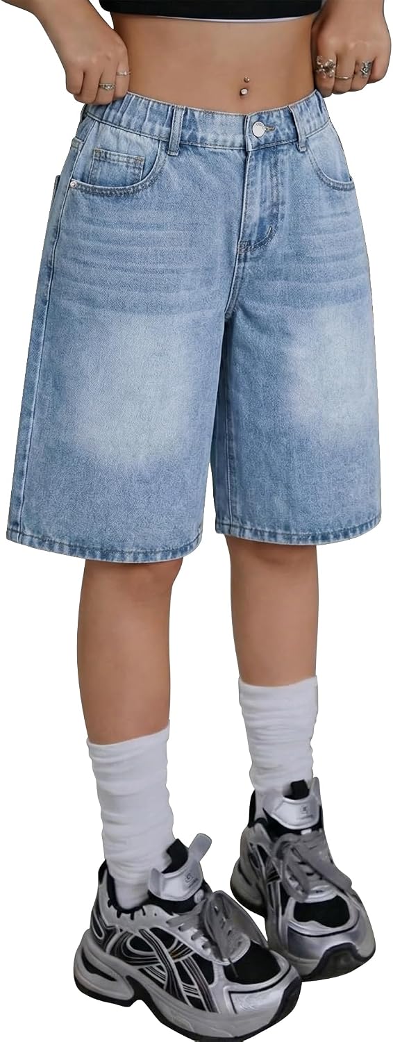 Girls Jean Shorts High Waisted Wide Leg Baggy Denim Shorts for Teen Trendy Y2k Vintage Bermuda Jorts 13-16Y