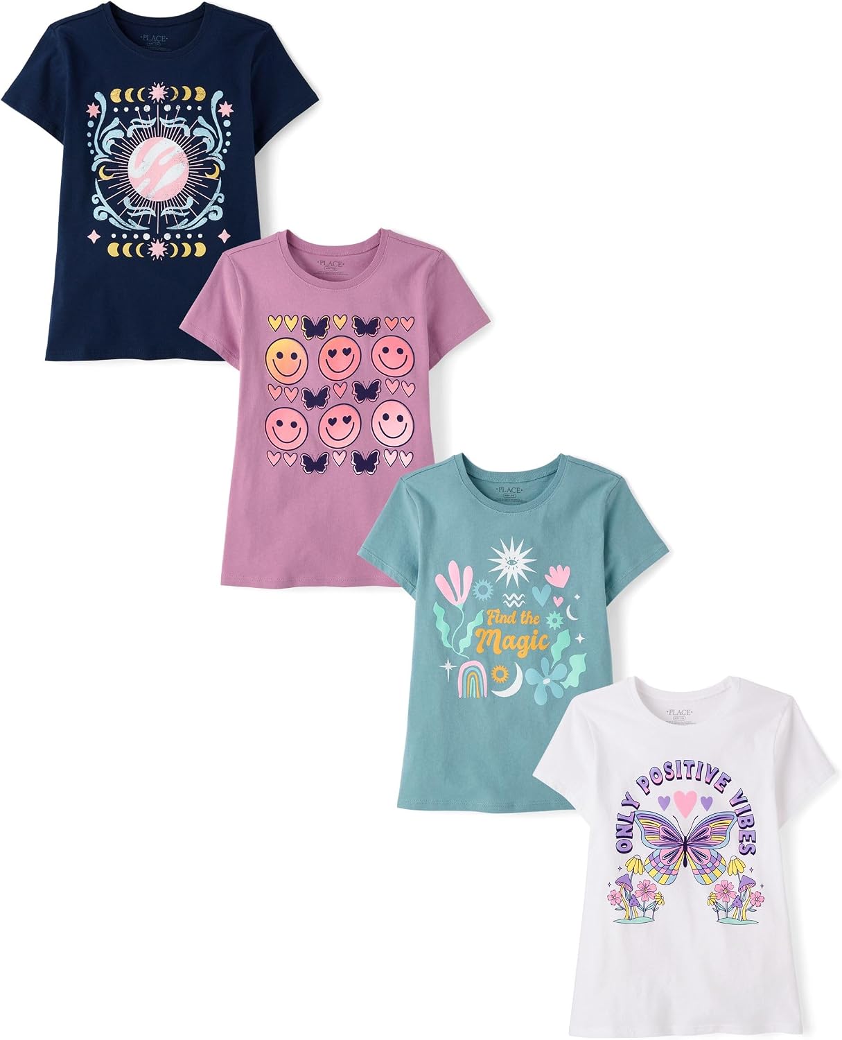 The Children’s Place Girls’ Trends,Icons Short Sleeve Graphic T-Shirts,4 Pack