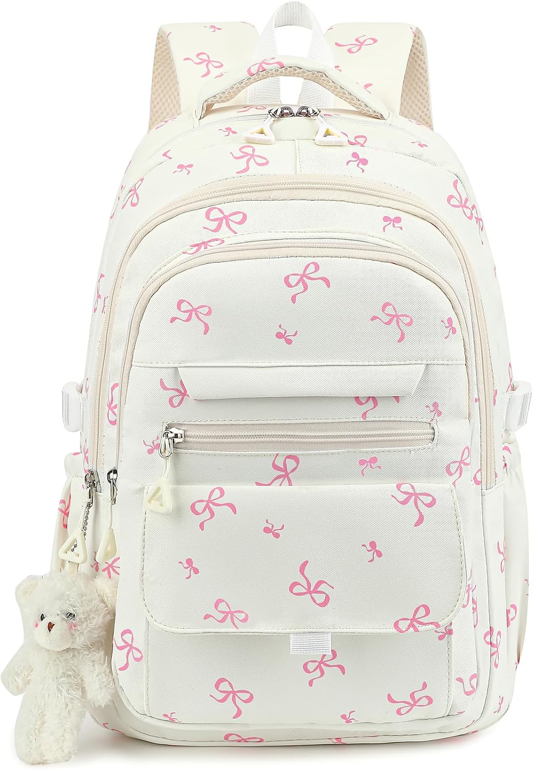 PRLINJSK Girls Backpack for College High Middle School Student, Cute Aesthetic Bookbag for Teens Women with Accessories, Beige Bow