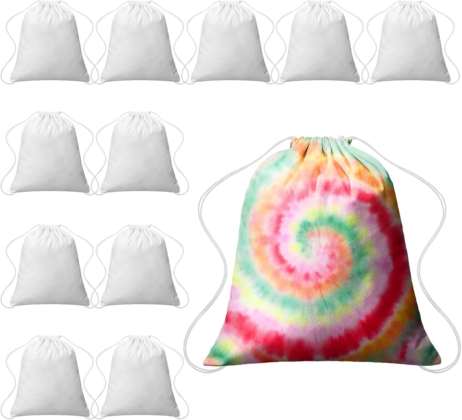 Saintrygo 12/6 Pcs Tie Dye Cotton Drawstring Bags Sublimation Blank Backpack White Canvas Bags Kid DIY Items for Party Favors