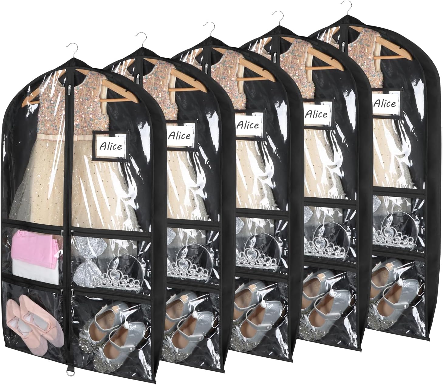 Syeeiex 3″ Gusseted Clear Dance Costume Garment Bag(5 Pack), 40” Dance Garment Bags for Dancers with 4 Zipper Pockets & Can Hold 1-3 Dance Costumes – Suitable for Dance Competitions, Ballet(Black)
