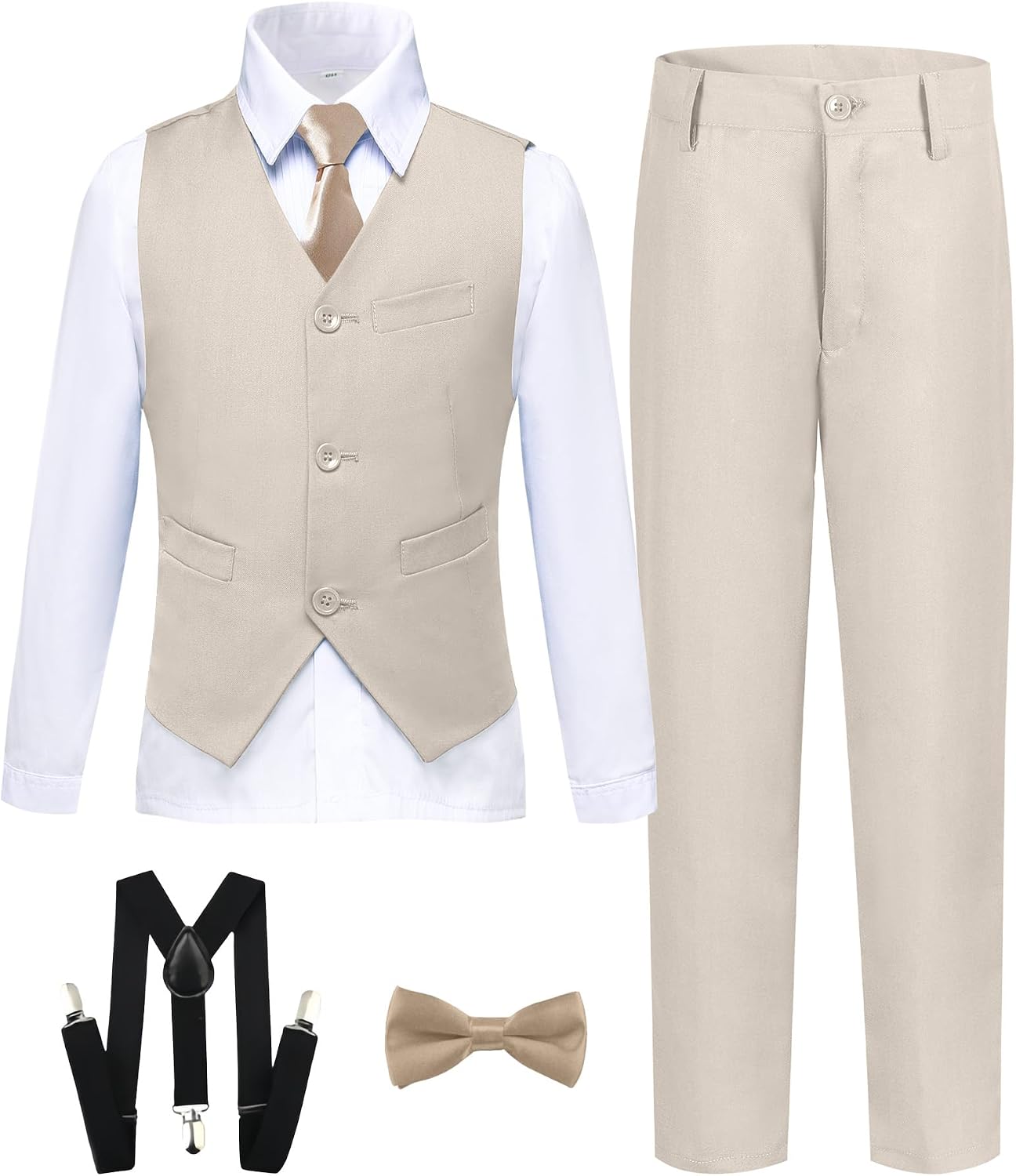 Boy’s Formal Suit 7 Piece Slim Fit Tuxedo for Kids Teen Boys Jacket Vest and Pants Set for Wedding with Bow Tie Suspenders