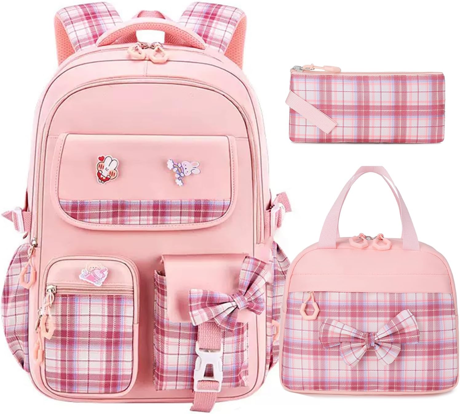 Girls Backpack – 3PCS Backpack for Girls Cute School Backpacks for girls with Lunch Box Pencil Case Cute Kids Teens Bookbag for Kindergarten Elementary Preschool Middle (Pink)