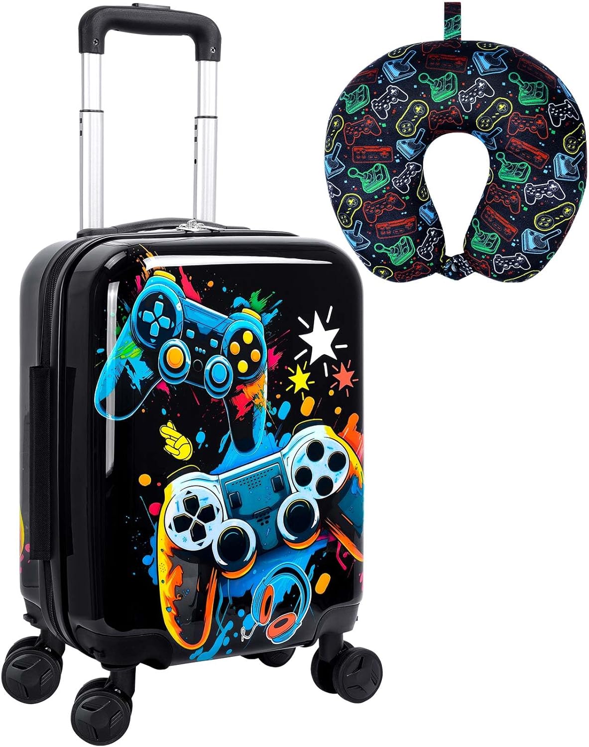 UFNDC Lightweight Hardshell Spinner Kids Suitcase Set 2PCS with Wheels – Airplane Approved Carry-On Luggage for Boys & Children Ages 3-10, Fun Game Rolling Suitcases for Elementary Toddler Travel