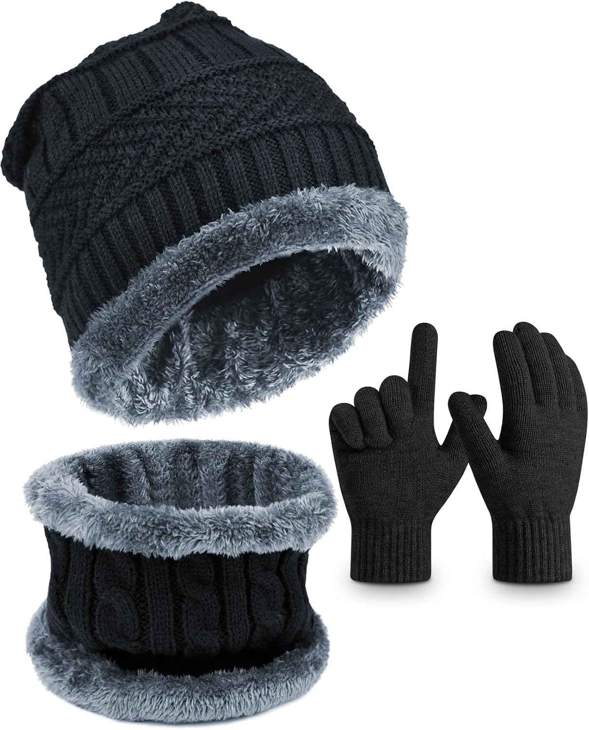 EAONE Kids Winter Hat Gloves Scarf Set, Knitted Toddler Beanie Cap, Mitten Gloves, and Neck Warmer for Boys Girls Aged 5-12