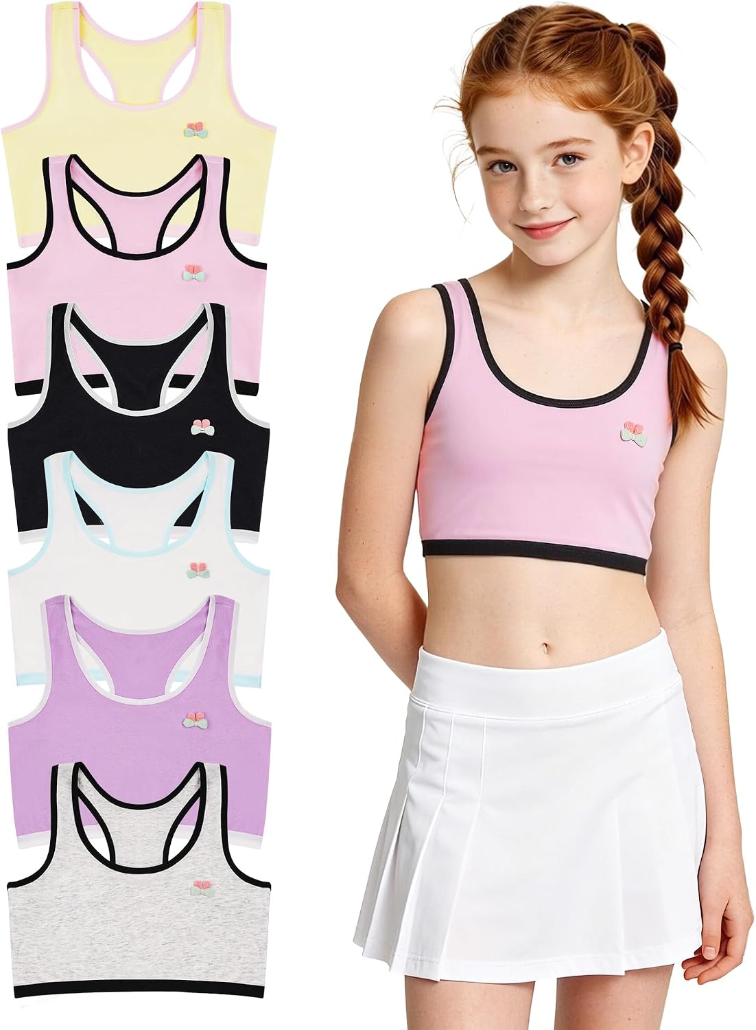 Etdane Girls Training Bras 7-8 8-10 10-12 Cotton Racerback Sports Bra for Girls No Pads, Chest Double Lined 6 Pack
