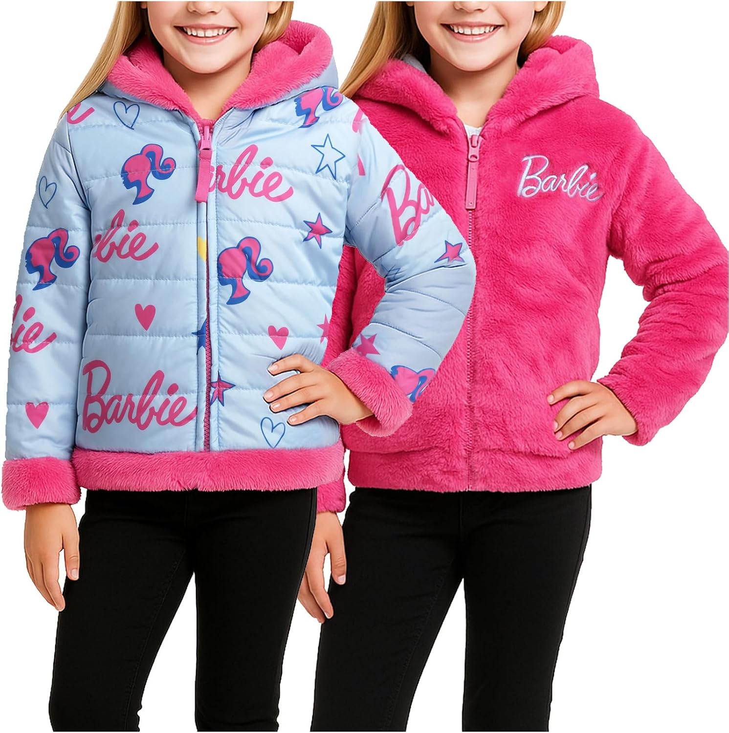 Barbie Girls Winter Coat – Insulated Hooded Faux Fur Coat Reversible to Quilted Puffer Outerwear Jacket (Sizes: 3T-7)