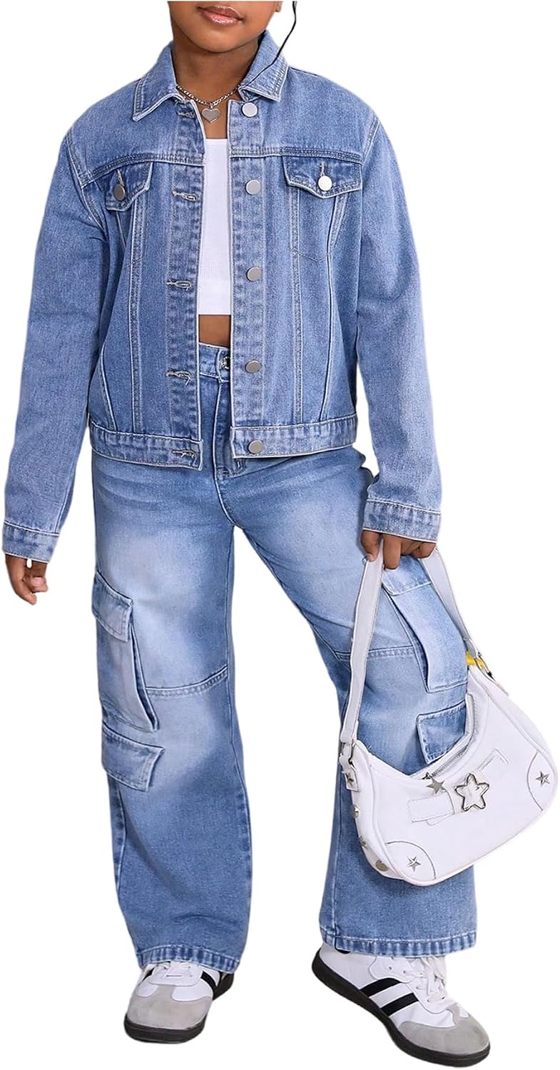 BEAUDRM Girl’s Denim Jacket Button Down Long Sleeve Jean Coat Fall Outerwear Streetwear