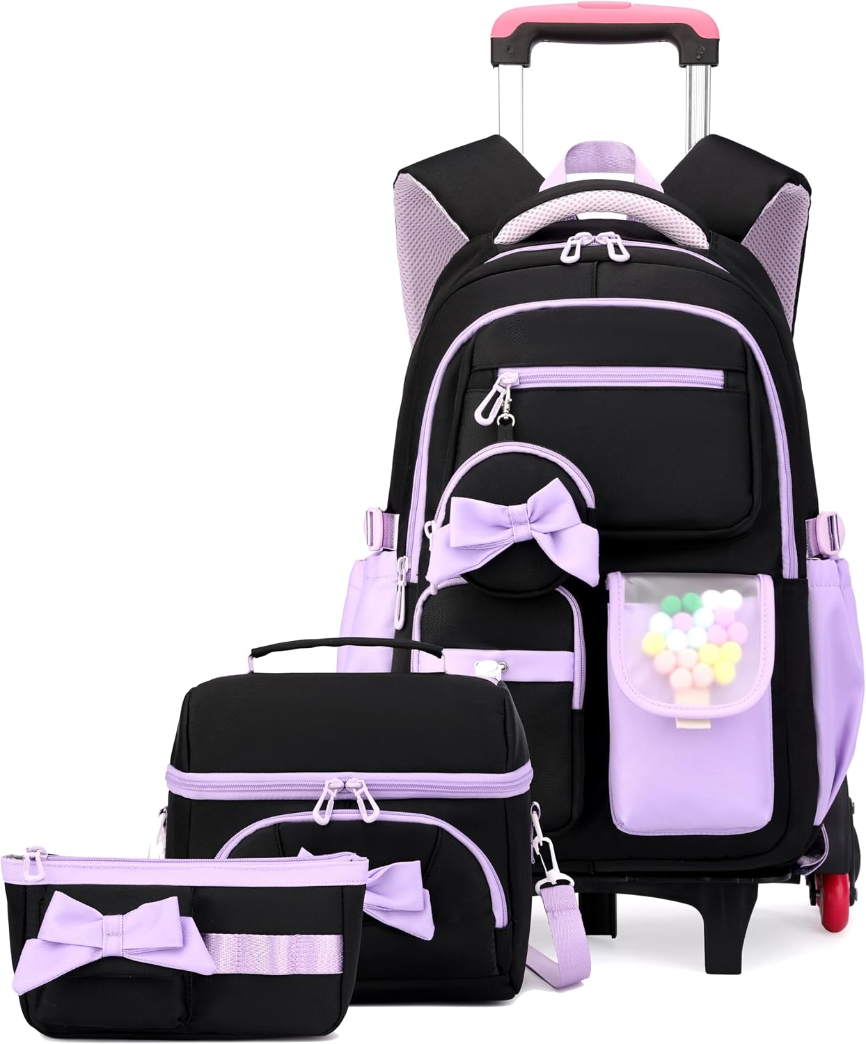 Rolling Backpack for Girls 3PCS Kids Backpack Set Cute Trolley Bags for Elementary Middle High School Wheeled Bookbags
