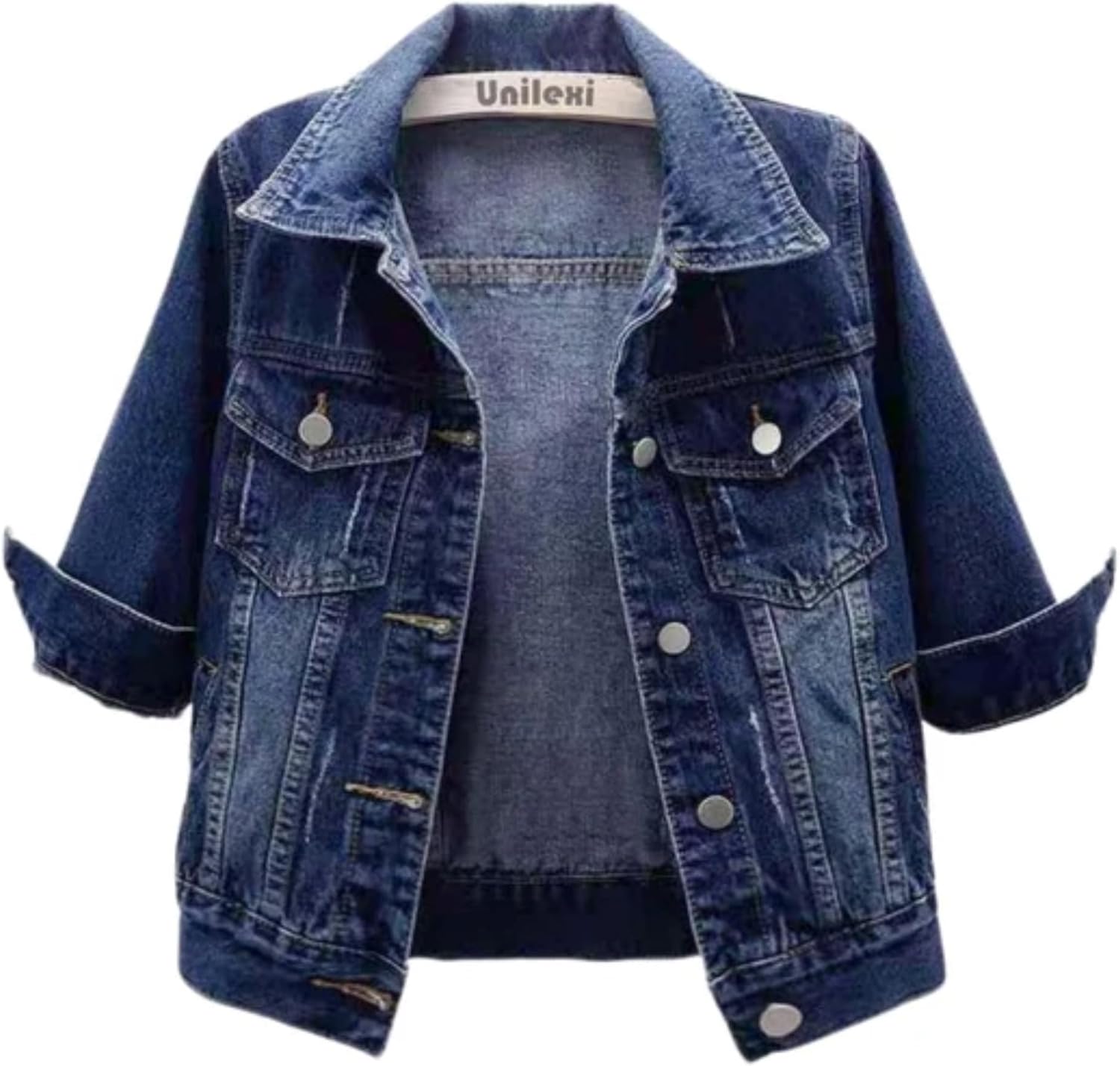 Unilexi Women’s 3/4 Sleeve Colored Cropped Denim Jacket Light Wash Short Jean Jacket Trucker Coat