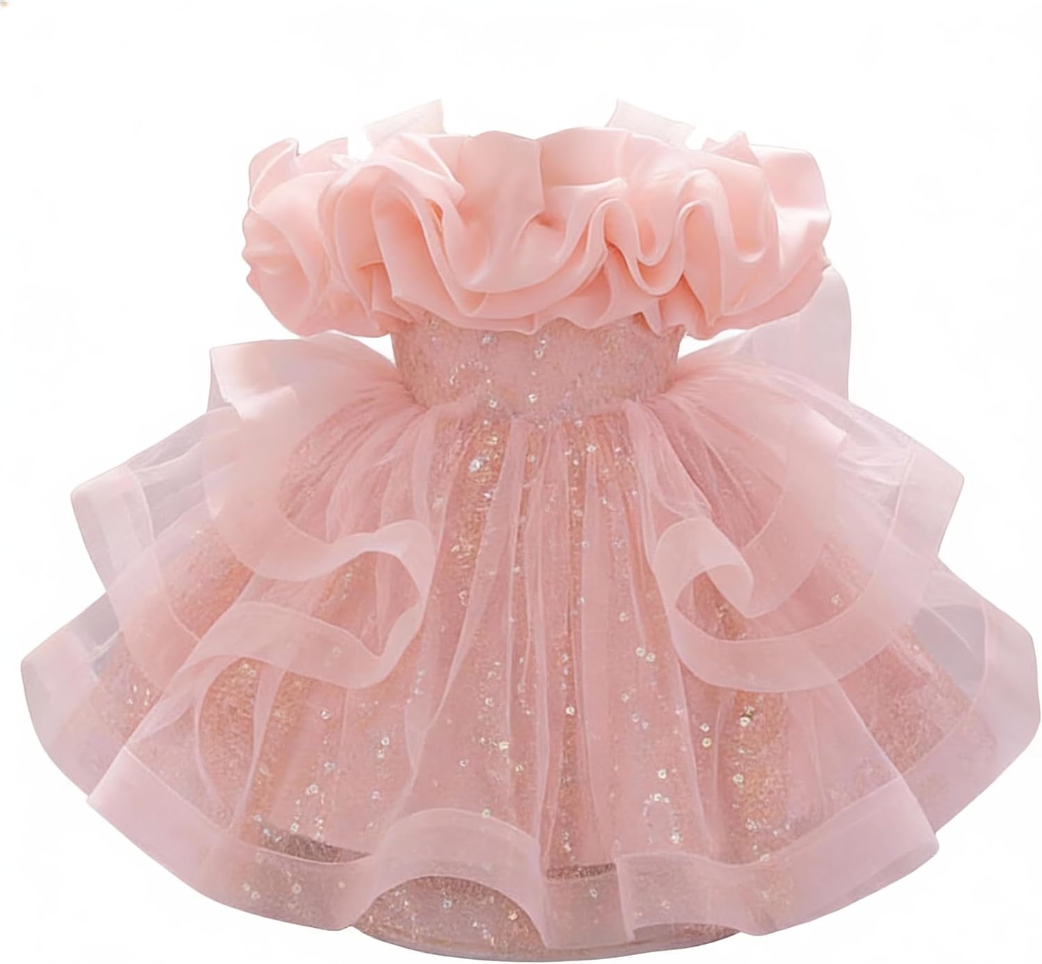 Baby Girl’s Sequin Tulle Party Dress, Ruffle Layered Princess Formal Gown with Bow, Evening Wear for Toddlers