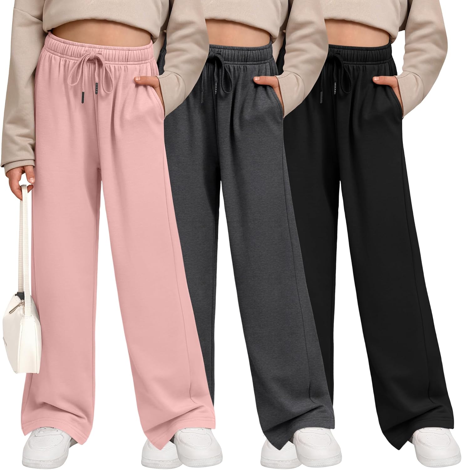 3 Pack Girls’ Wide Leg Sweatpants Kids Summer Joggers Drawstring Open Bottom Teens Casual Fall Pants with Pockets