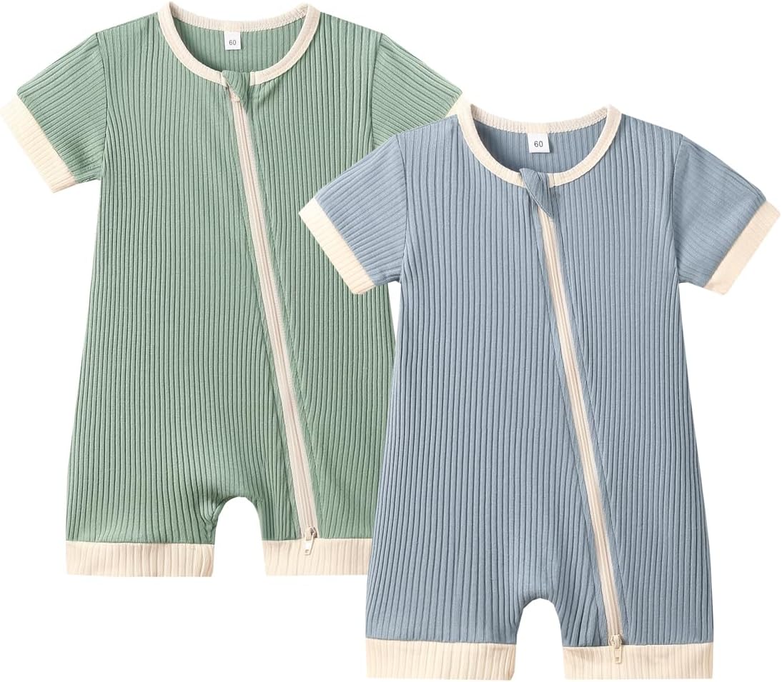 Bafeicao Unisex Baby Boy Girl 2/3 Pack Rompers Short Sleeve 2 Way Zipper One Piece Jumpsuits Clothes Sets