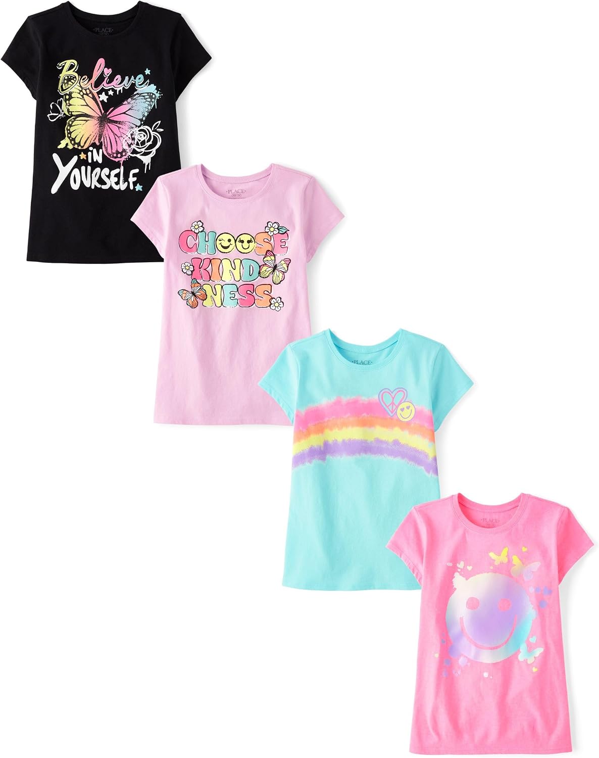 The Children’s Place Girls’ Trends,Icons Short Sleeve Graphic T-Shirts,4 Pack