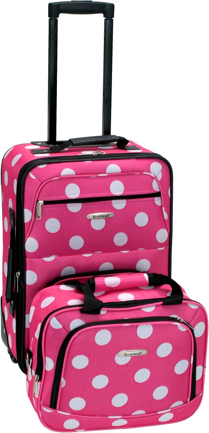 Rockland Fashion Softside 2 Piece Luggage Set, Expandable, (14″ Tote/19″ Upright), Pink Dot