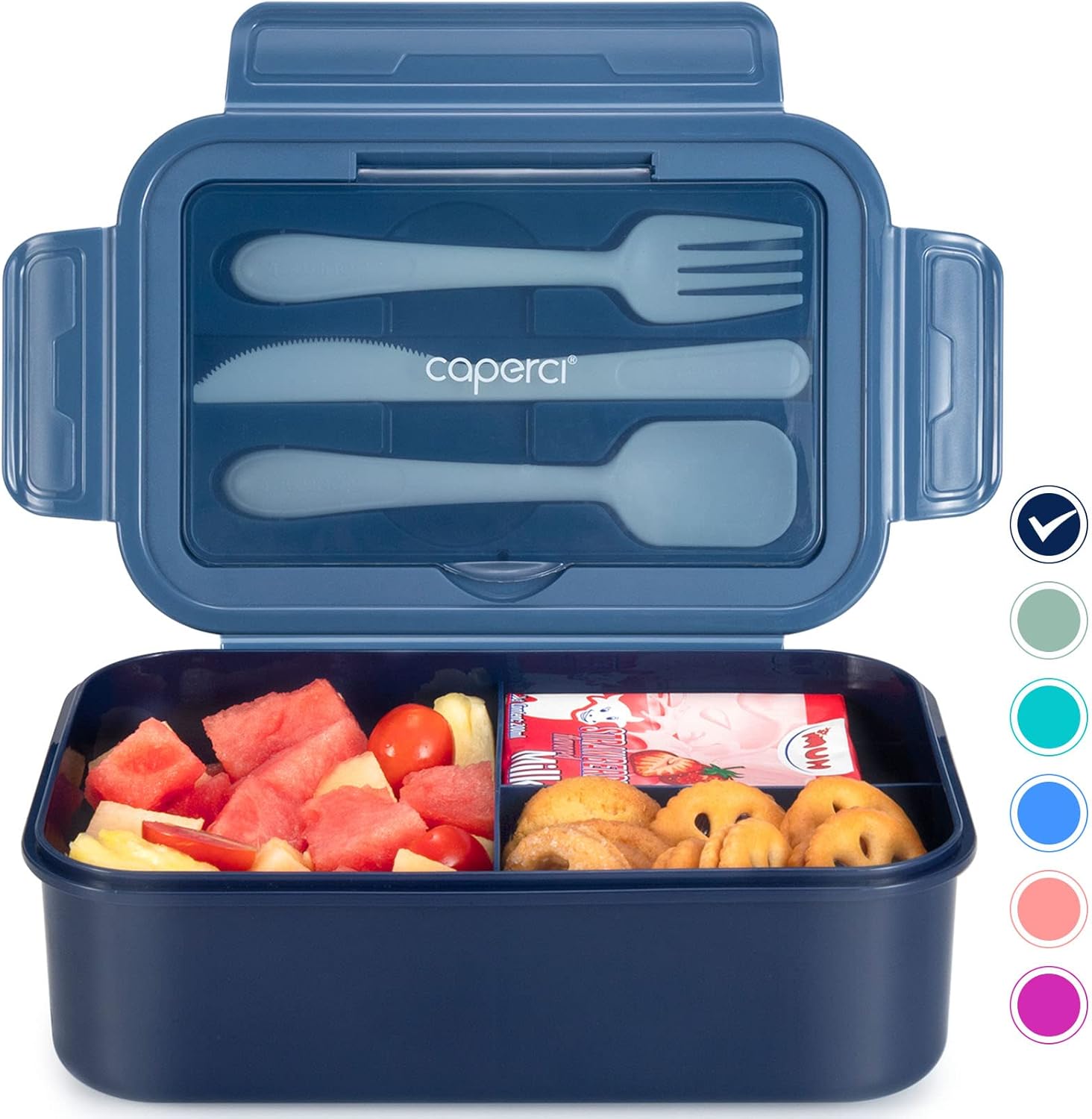 Caperci Classic Bento Box Adult Lunch Box for Older Kids – Leakpoof 47 oz 3-Compartment Containers for Adults and Teens, Built-in Utensil Set, Ideal for On-the-Go Balanced Eating, Navy Blue