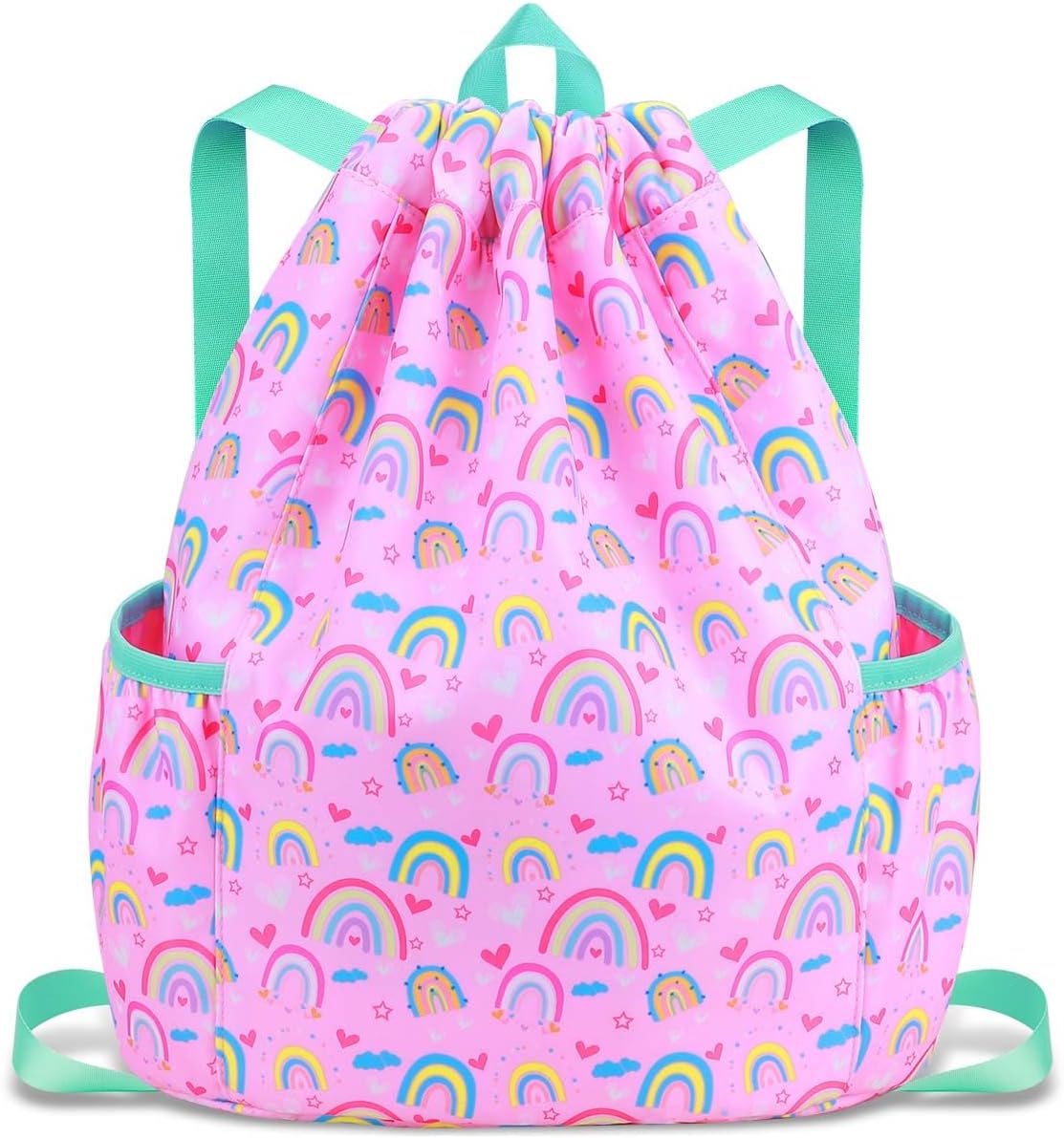 RHCPFOVR Drawstring Backpack for Kids – Rainbow Bags for Girls Mini Gym Dance Beach Swim Travel Bag With Two Water Bottle Holder