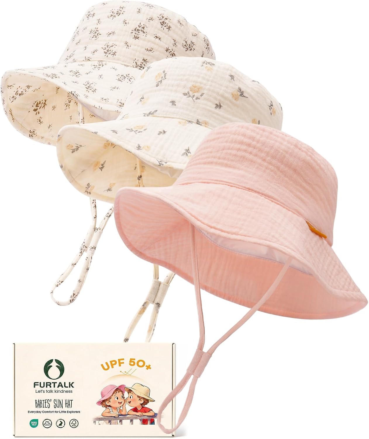 FURTALK Baby Sun Hat Muslin Cotton Toddler Bucket Hat for Girls Boys Wide Brim UPF 50+ Summer Beach Hats