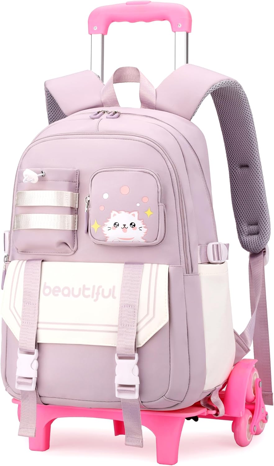 Cat Print Rolling Backpack for Girls Kids Backpack with Wheels Roller Bookbag Preschool Trolley School Bag Wheeled Bag Purple