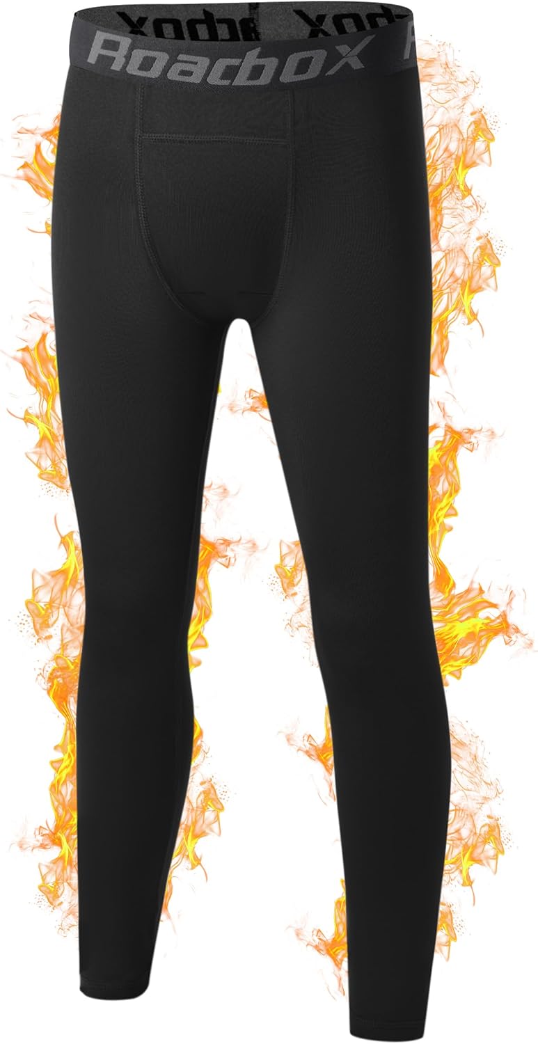 Roadbox Youth Boys’ Thermal Compression Pants, Fleece Lind Base Layer Sports Leggings, Athletic Tights for Cold Weather