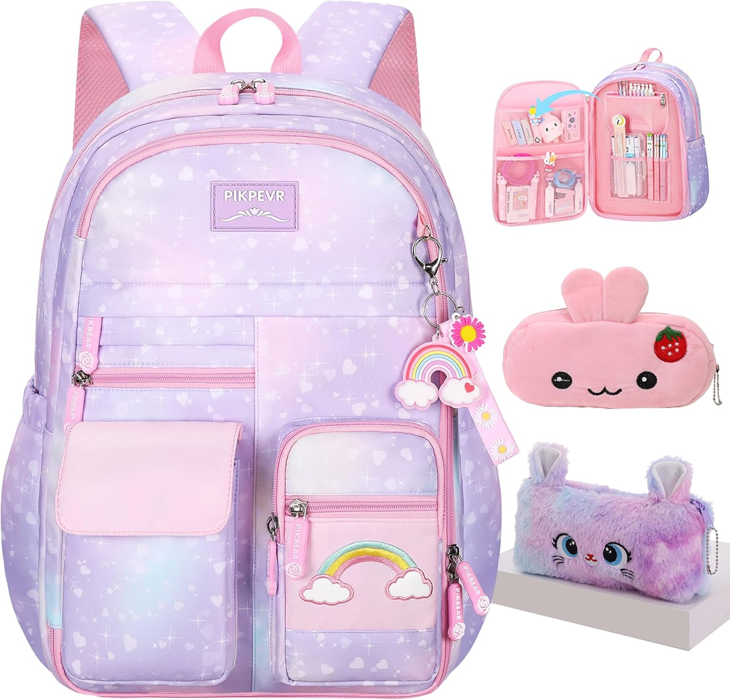 Jcobvig Rainbow Backpack For Girls Kids,Cute Student School Backpack With Pen Bag,Aesthetic Starry Rainbow Laptop Travel Bag