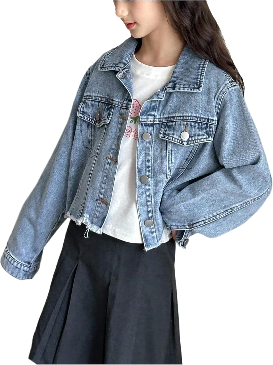 GORGLITTER Girl’s Crop Denim Jacket Long Sleeve Raw Hem Button Down Jean Jacket Fall Outerwear