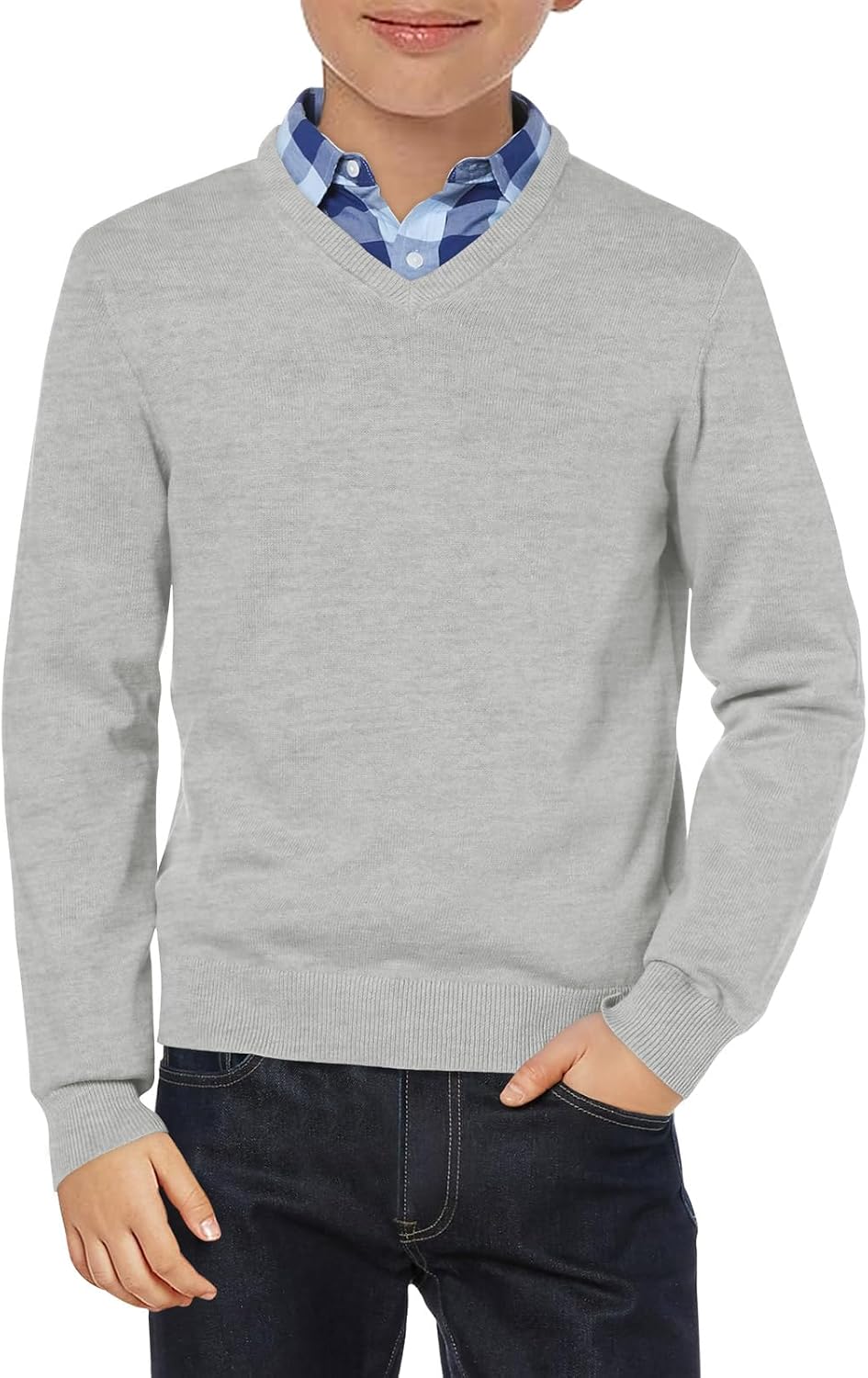 Haloumoning Boys School Uniform Sweater Kids Long Sleeve V Neck Pullover Fall Winter Clothes 5-14 Years