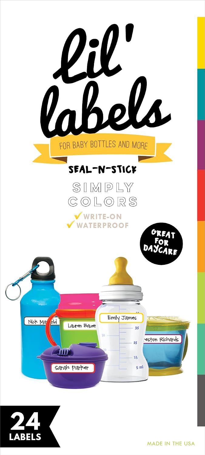 Bottle Labels, Food Pantry Label, Write-On, Self-Laminating, Waterproof Kids Name Labels for Baby Bottles for Daycare School, Dishwasher, Freezer, Kitchen Safe (Simply Colors – Rainbow Inspired)