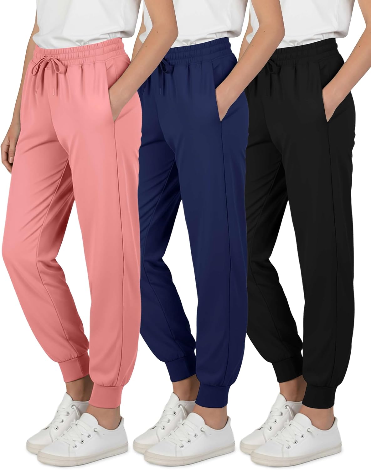 Real Essentials 3 Pack: Girls’ Dry-Fit Jogger Sweatpants – Kids Teens Running Athletic Pants with Pockets (Sizes: 4-16)