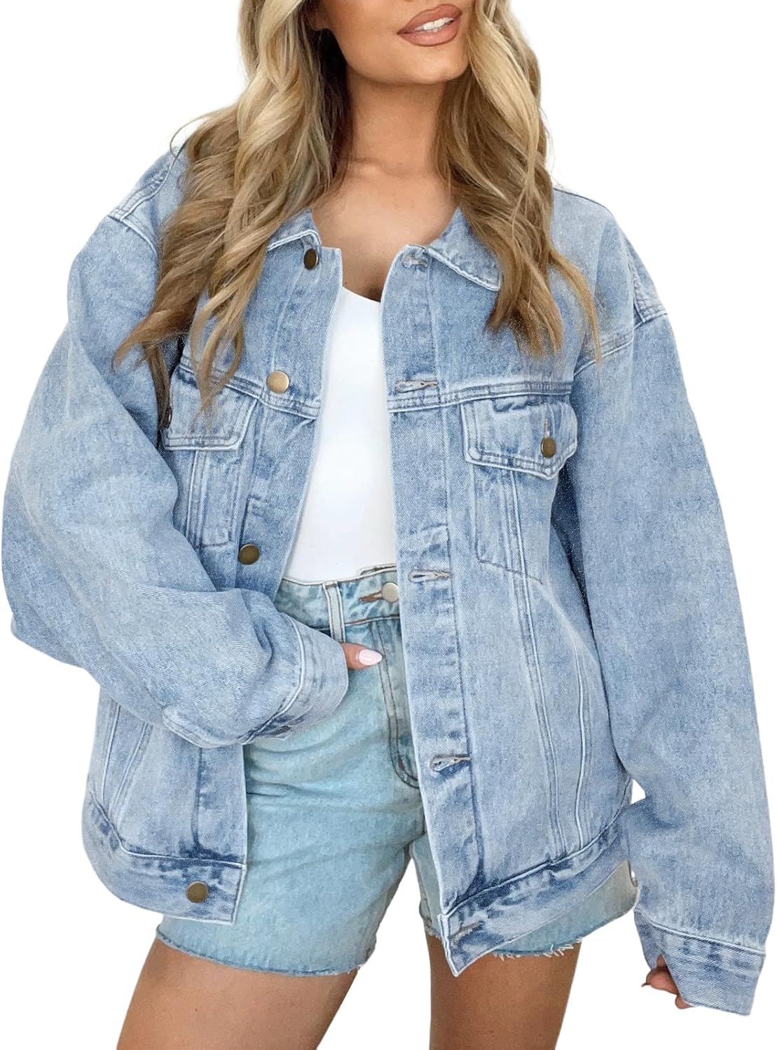 AUTOMET Women’s Oversized Jeans Jacket, Classic Button Down Denim Jacket with Chest Pockets, Loose Fit Boyfriend Style Coat