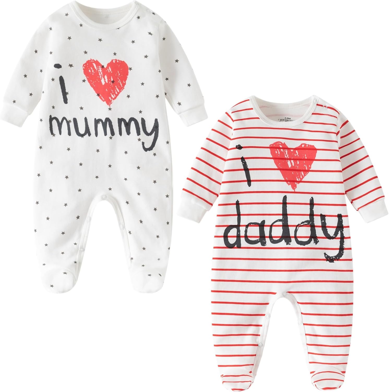 AOMOMO 2-Pack Baby Clothes Newborn Bodysuits I Love Daddy &Mummy Romper, Cotton Footed Pajamas for Baby Boys and Girls