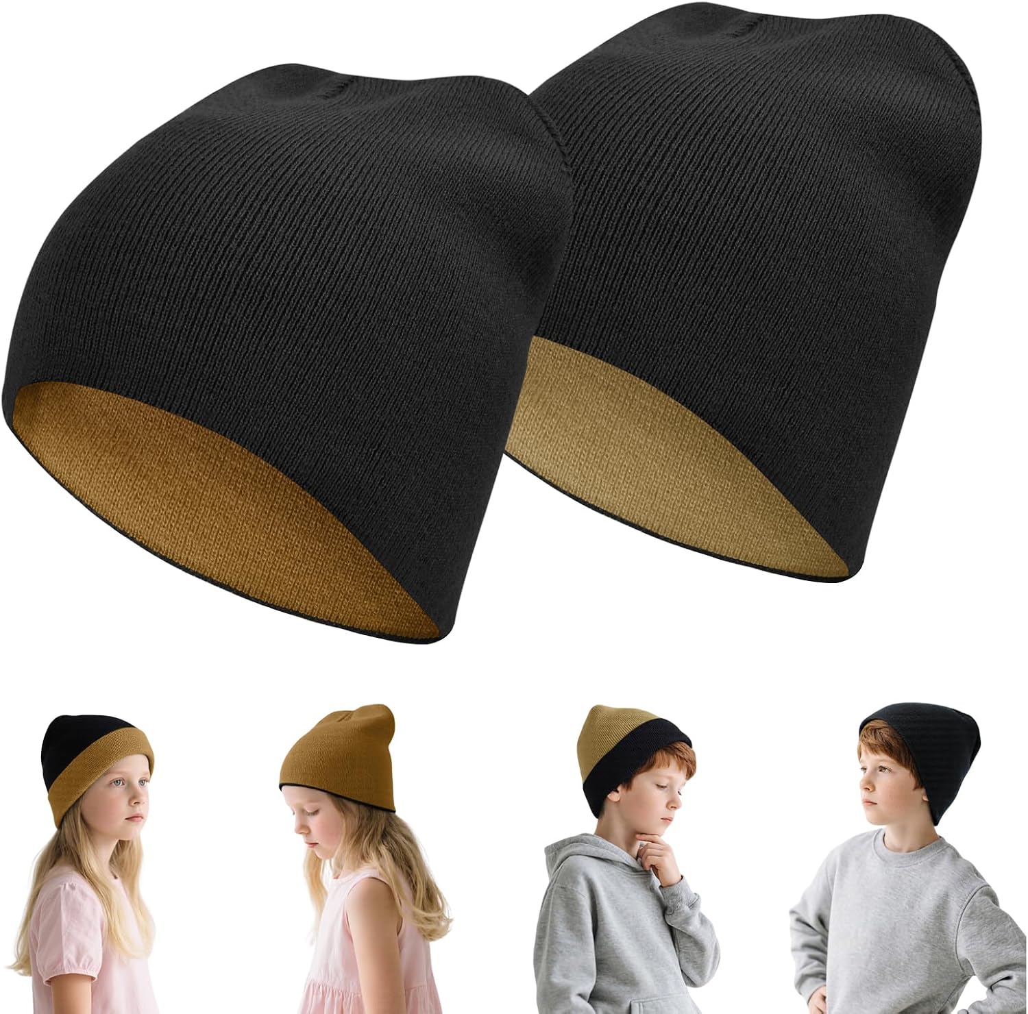 Rosoz Kids Knit Beanie Boys Girls Beanies- Kids Winter Reversible Beanie Hats with Double Sides for 7-12 Years