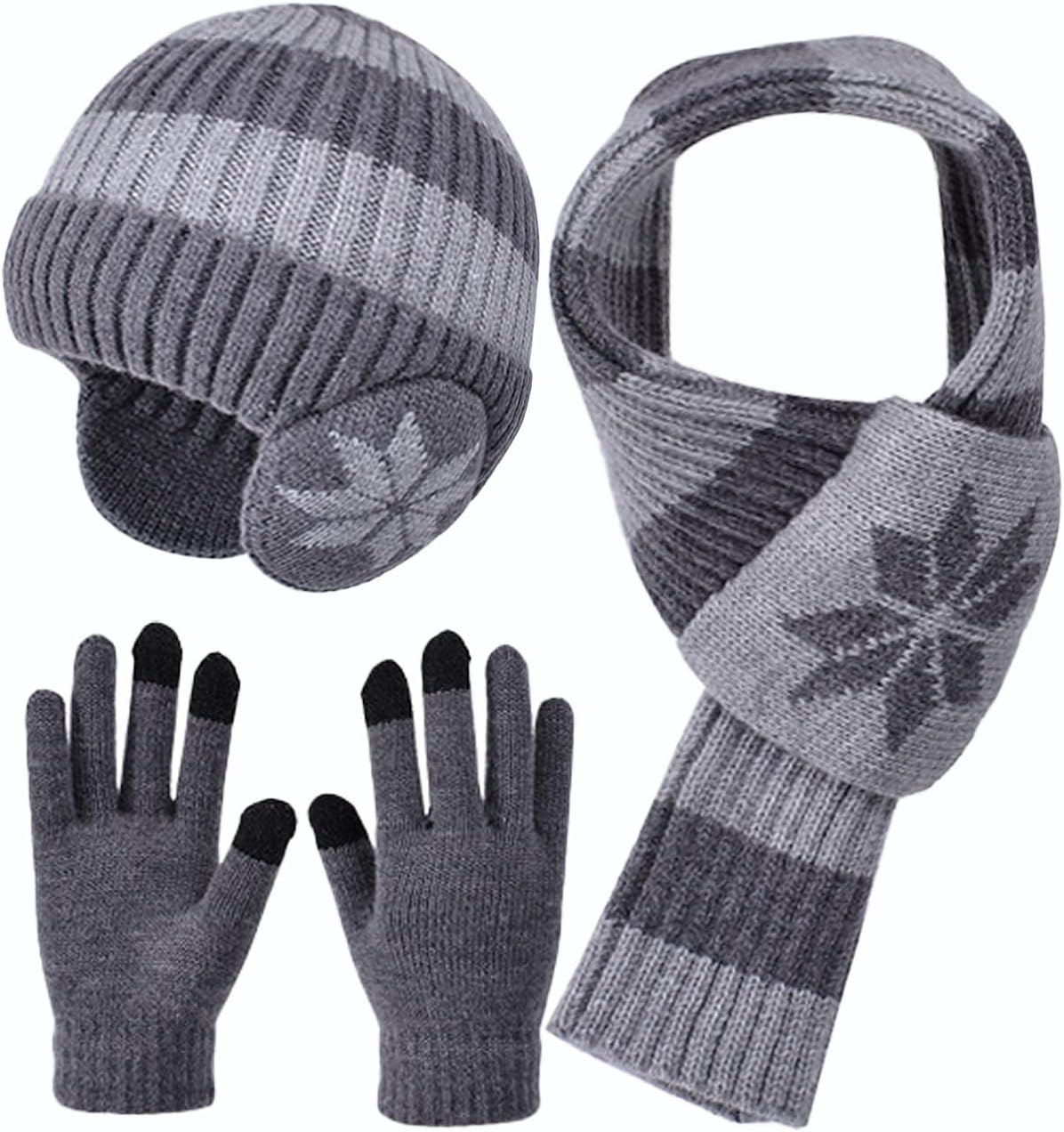 Kids Winter Hat Scarf Gloves Set 3Pcs, 3-12Y Fleece Lined Beanie With Earmuffs Double Layer Scarf Touchscreen Gloves Toddlers