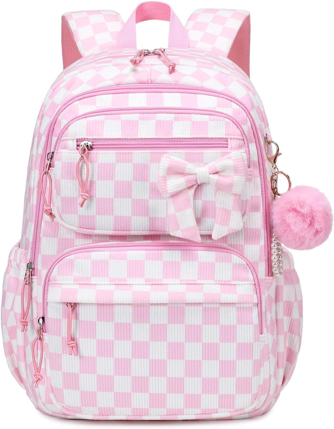 MUSEVOS School Backpack for Teen Girls, Cute Kawaii Corduroy Backpack with Multi-Pockets for Girls Aged 6-18 Pink Checkered